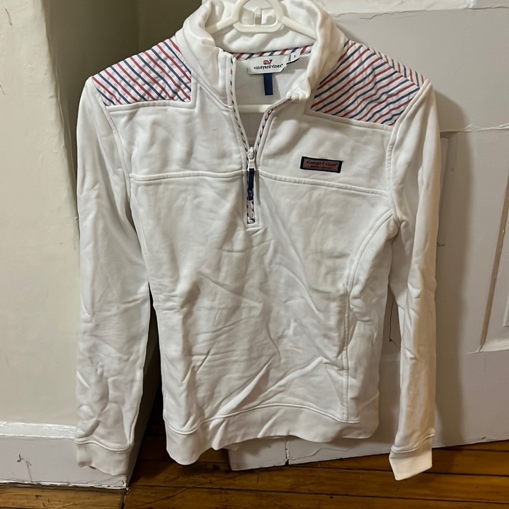 Vineyard vines, half zip with red, white and blue accent on the shoulders